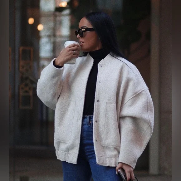 ZARA OVERSIZED TEXTURED BOMBER JACKET - Picture 8 of 16